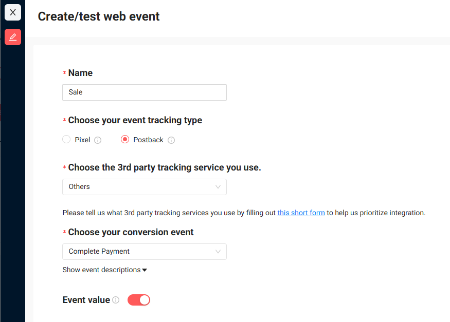 NewsBreak Add event type - select tracker