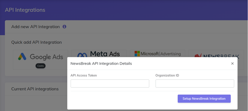 New NewBreak Ads integration access token