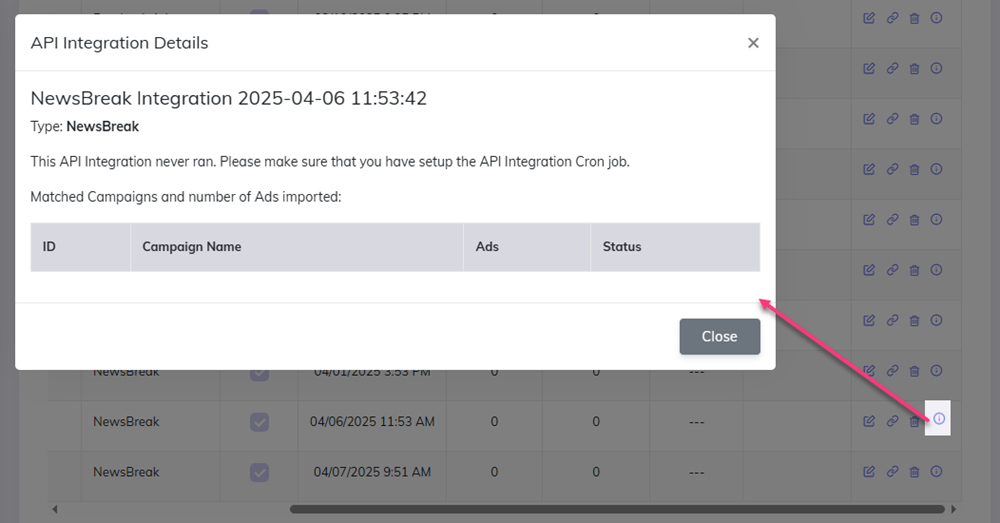  NewsBreak API matched campaigns