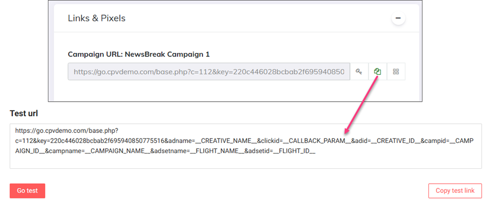 NewsBreak test Postback URL