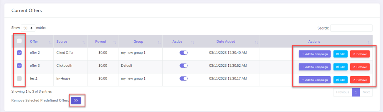 Offer Management Page bulk delete