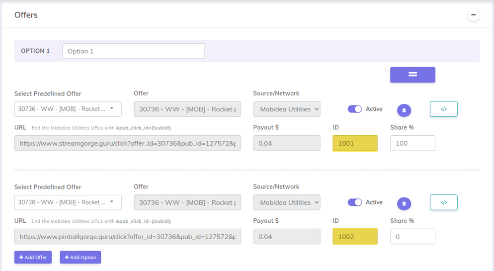 campaign setup - Offers section - Ids