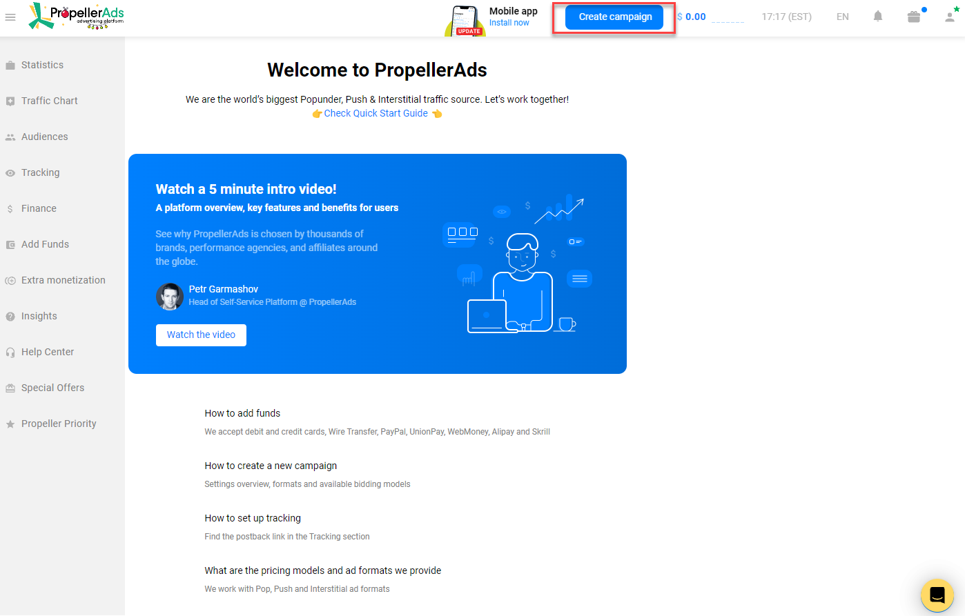 Create campaign PropellerAds
