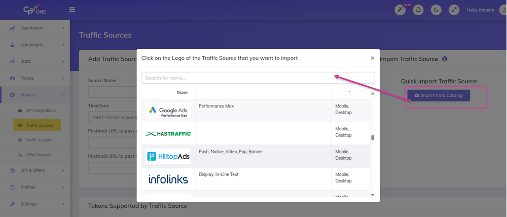 Get Started  add new traffic source from catalog
