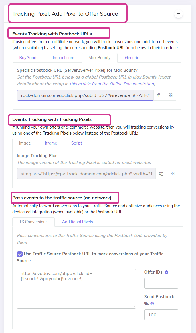 Campaign setup page showing the Traffic Source Postback URL section in the Links & Pixels area