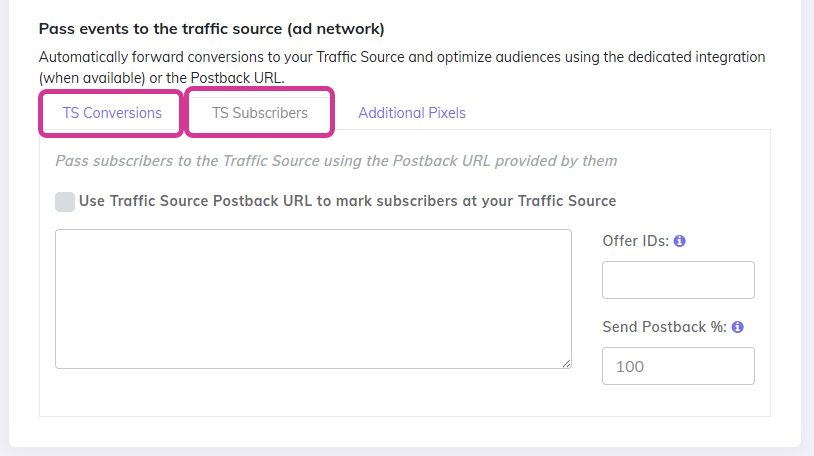 Campaign setup page - traffic source postback subscribers