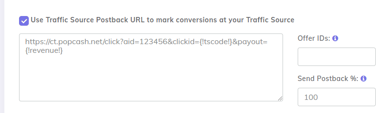 Campaign setup page - Links & Pixels section - Traffic source postback url